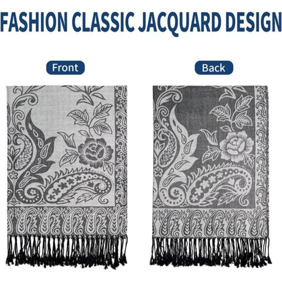 Paisley Pashmina Shawls Wraps with Fringe Silver Grey - Picture 4 of 4